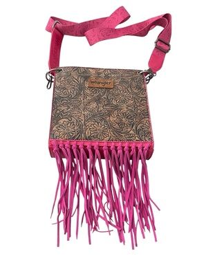 Wrangler fringe crossbody bag tooled faux leather adjustable guitar-style strap